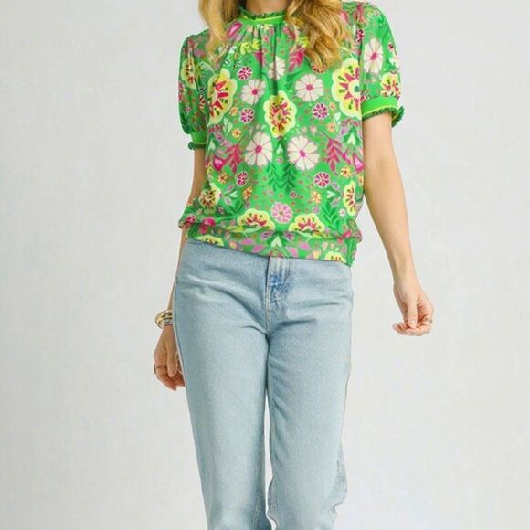 🎁25% Off Bundles🎁 Umgee Retro Floral Puff Sleeve Top Floral Green Top - Picture 3 of 5